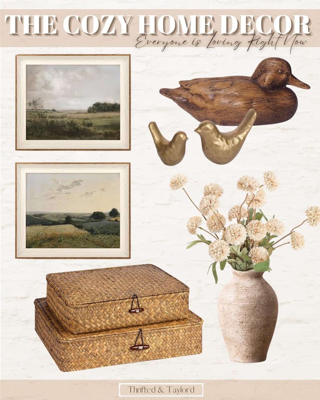 This cozy home decor look is all about those timeless, collected pieces that instantly make a space feel warm and lived-in. I pulled together a mix of vintage-inspired artwork, natural textures, and a few subtle metallic accents to create something that feels layered without being overwhelming.

The woven boxes, soft florals, and warm wood tones bring in that cozy foundation, while the framed landscape art and small decorative accents add just enough character to make it feel thoughtfully styled.

If you’ve been drawn to that collected, neutral look that feels both relaxed and elevated, these are the kinds of pieces that really help pull it all together. Everything is linked below for easy shopping.

#LTKHome