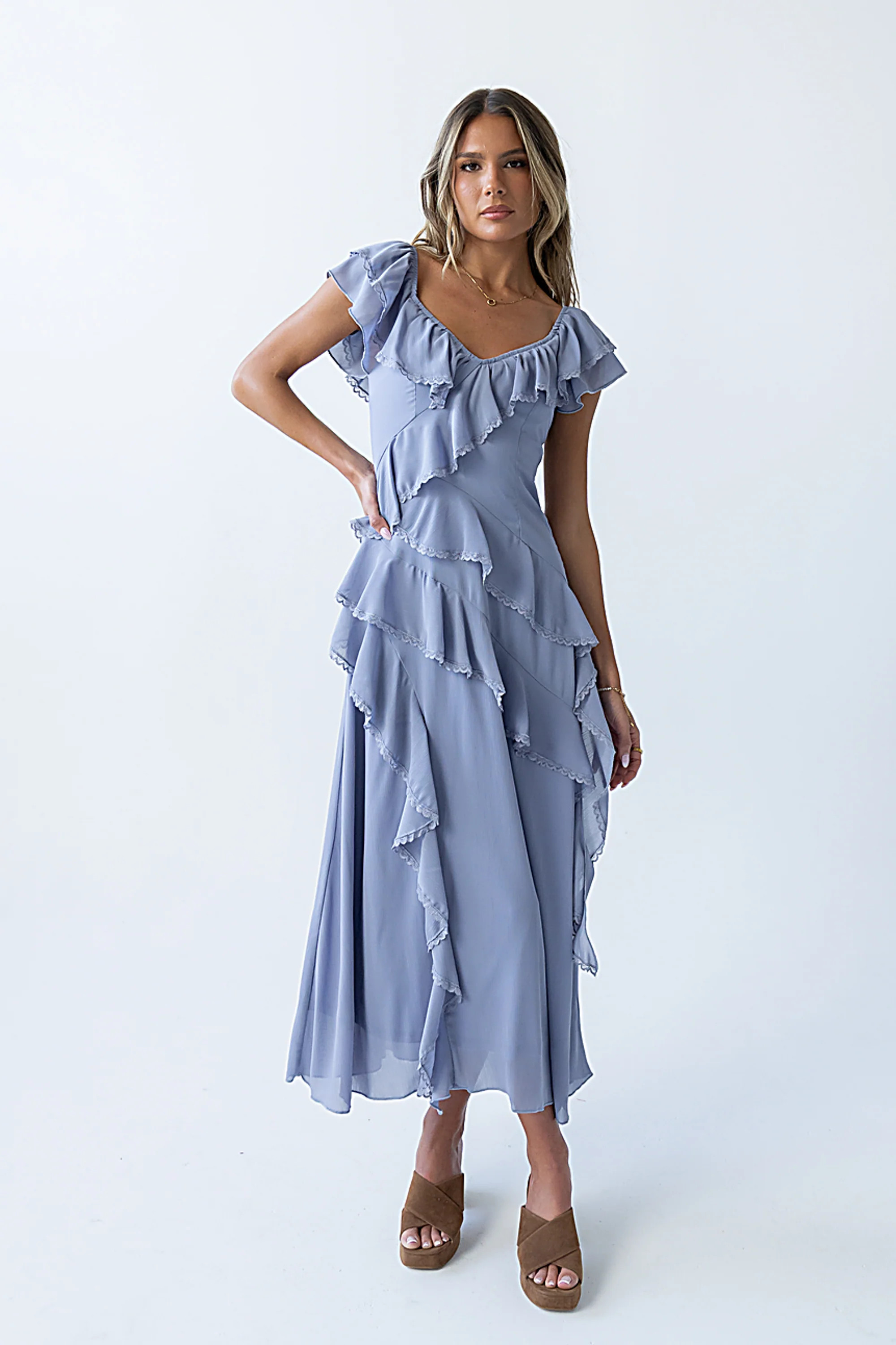 Quinton Ruffle Maxi Dress in Blue | Böhme US