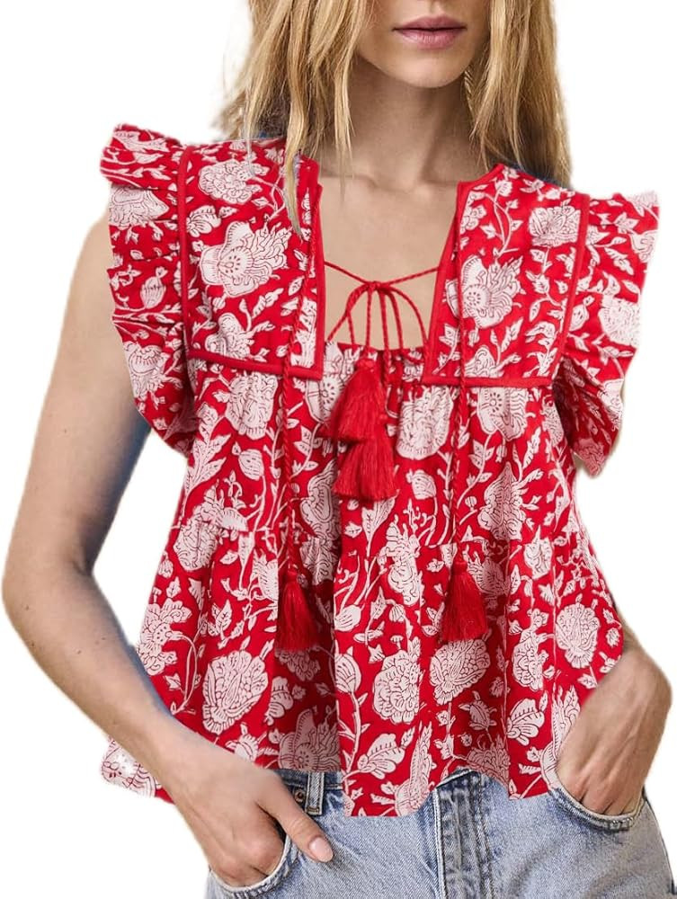Women Boho Tie Front Peplum Top Floral Print Flowy Fringe Shirt Square Neck Ruffle Tank Top Going... | Amazon (US)