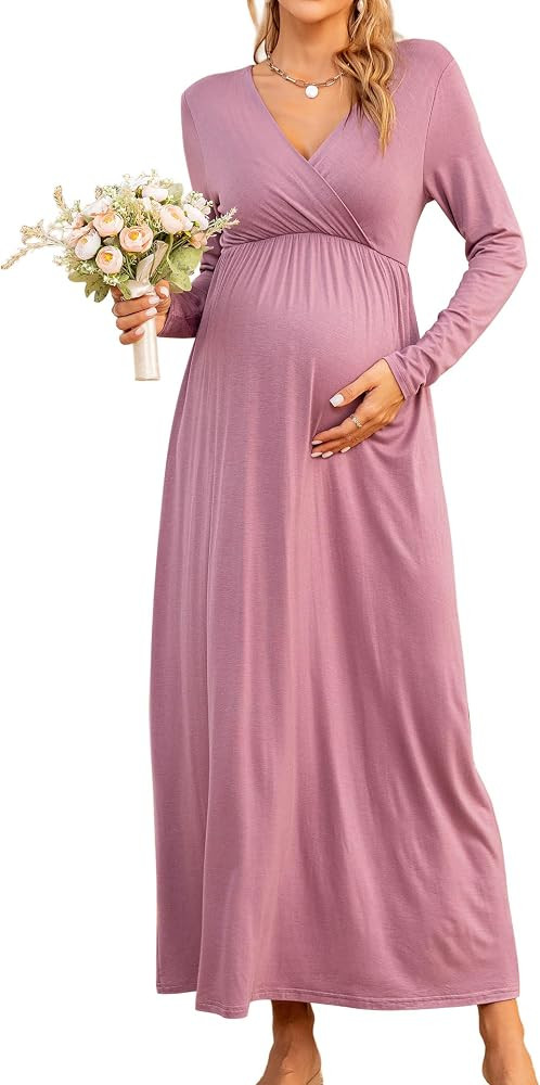 Fall Maternity Maxi Dress Long Sleeve Wrap V Neck Baby Shower Pregnancy Dresses for Photoshoot Ma... | Amazon (US)
