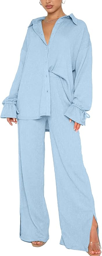 LYANER Women's 2 Piece Outfits Button Down Long Sleeve Shirt and Wide Leg Pants Set | Amazon (US)