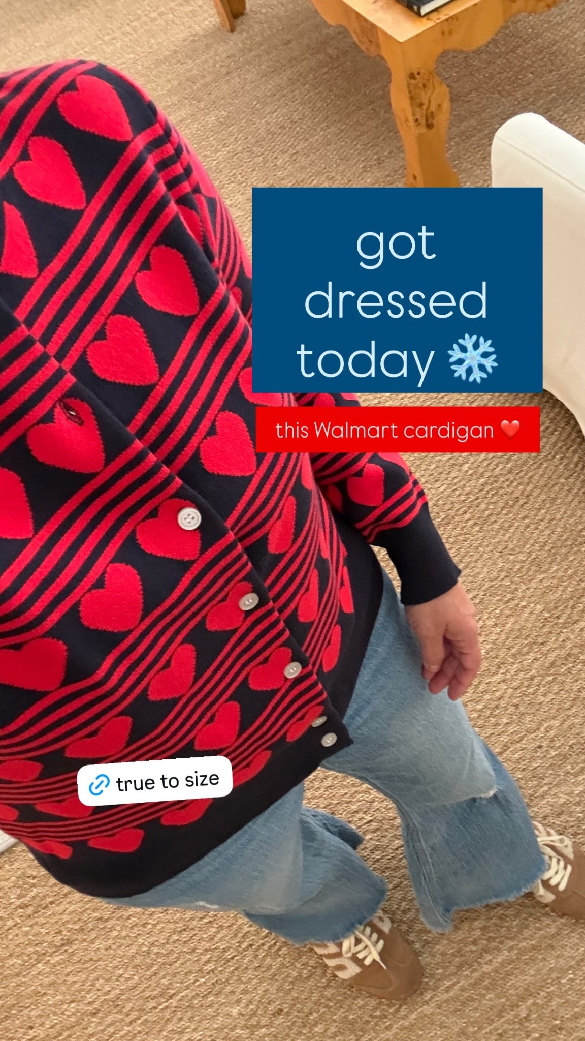 Walmart valentine sweater - great quality!! True to size. Jeans are old - old navy - and shoes are linked also true to size  