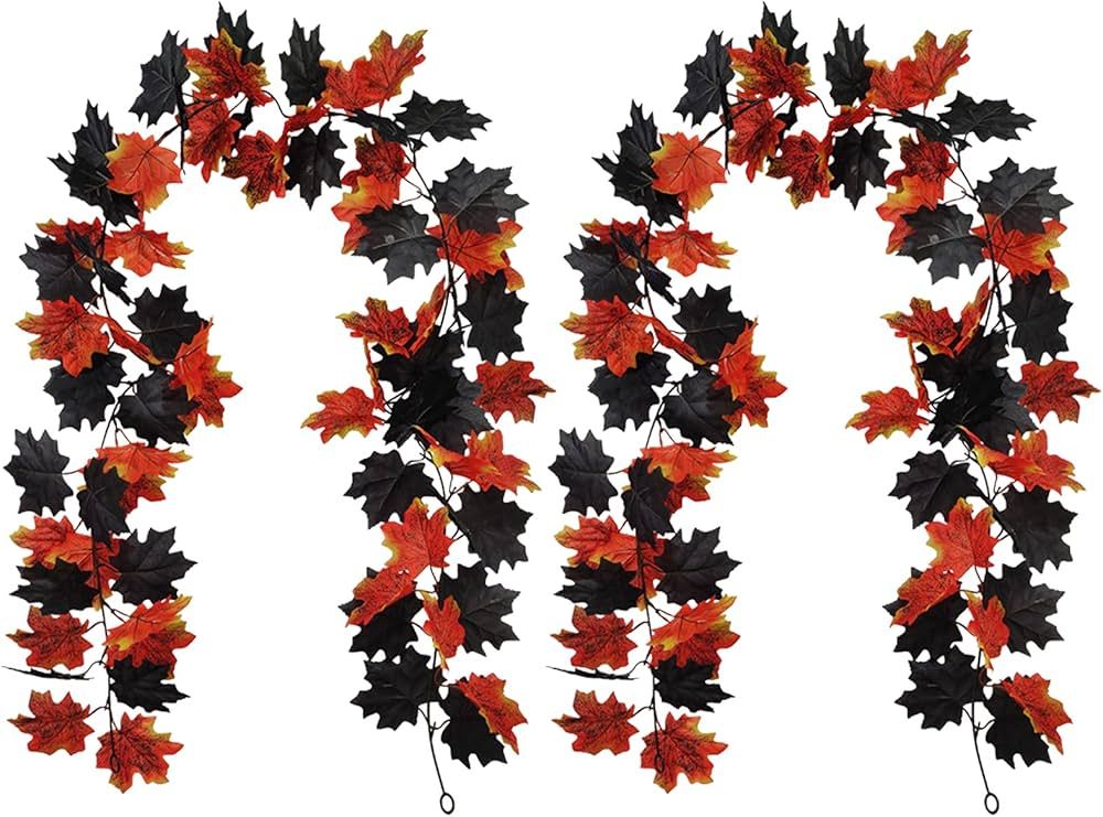 Tinsow 2 Pcs 5.9 Ft Fall Maple Leaf Garland Hanging Black Fall Leaves Vine Artificial Autumn Garl... | Amazon (US)