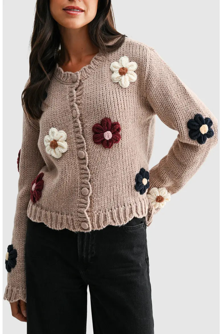 All in Favor Floral Appliqué Cardigan in Taupe Multi Floral at Nordstrom, Size Large | Nordstrom