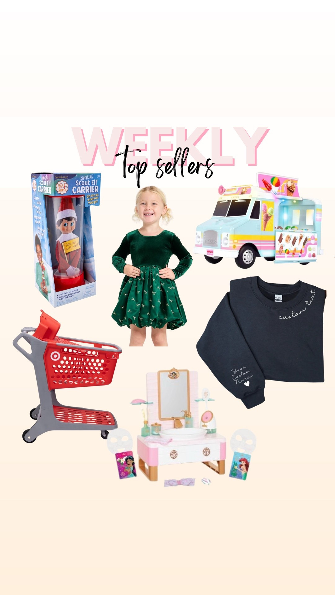 Last weeks top sellers
Elf on the shelf carrier
Toddler gift idea
Kids Christmas dress
Personalized gift
 Mom gift 

#LTKGiftGuide #LTKHoliday