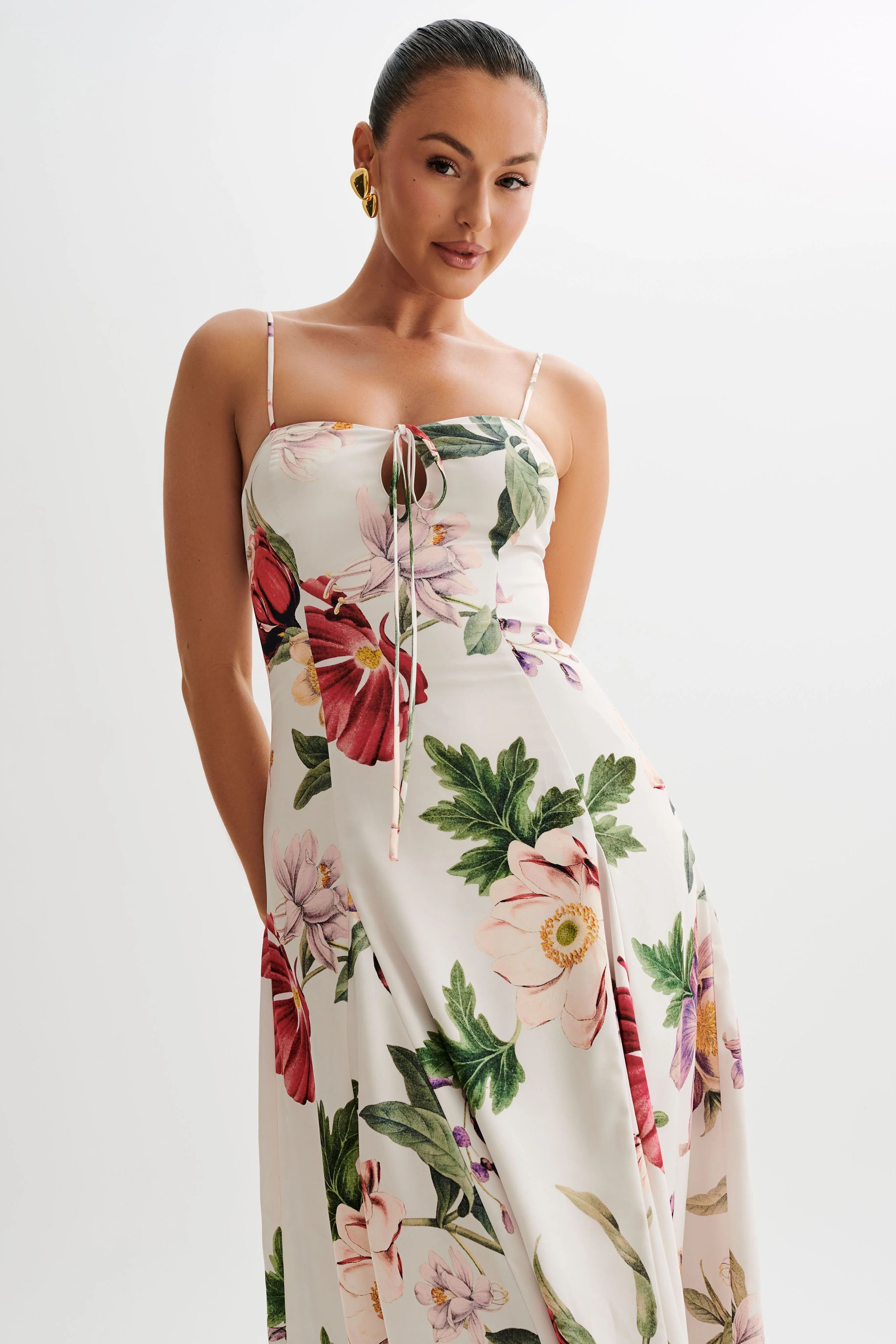 Luciana Satin Midi Dress - Bella Rosa Print | MESHKI US