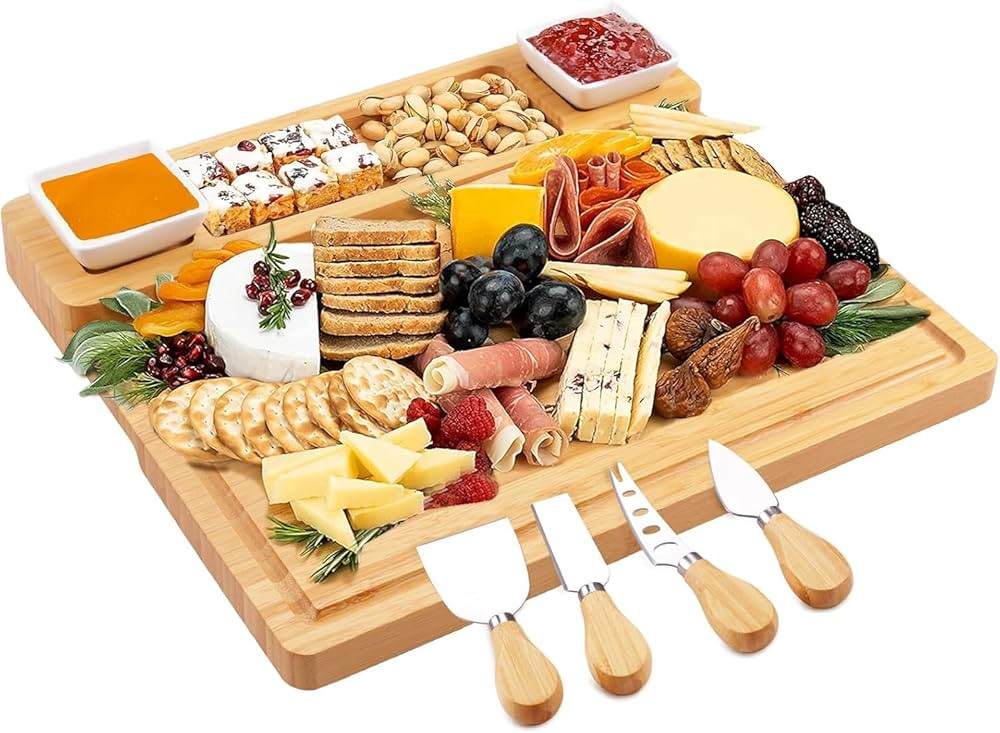 Large Charcuterie Boards, Cheese Boards and Knife Set, Bamboo Wine Meat Cheese Tray Platter, Char... | Amazon (US)