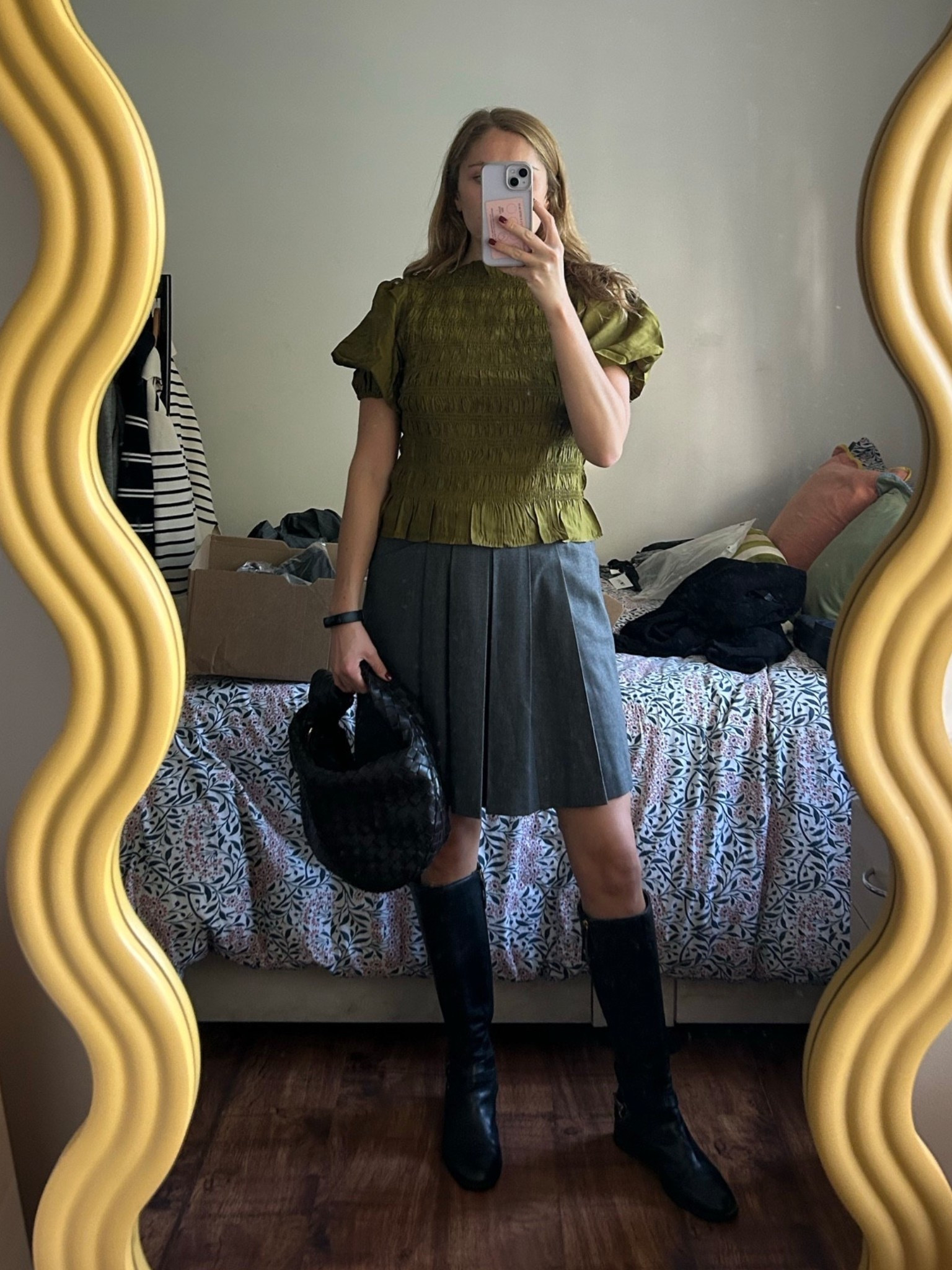 Autumn outfit, smocked top, satin top, olive green top, grey wool pleated mini skirt, Bottega Veneta Jodie bag, black knee high boots, H&M 

 #LTKautumn #LTKwinter #LTKpartywear