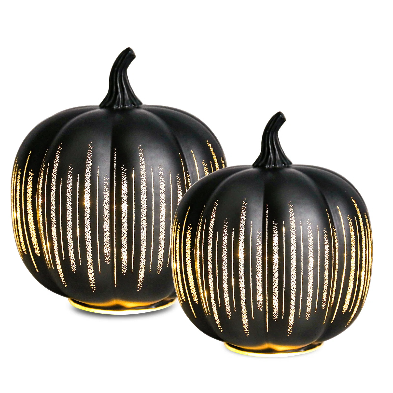 2 - Piece Halloween Black Glass Pumpkin Ornament Set With Glowing Gold Stripes & Built - In Led Lights For Elegant Spooky Decor,halloween Decor | Wayfair North America