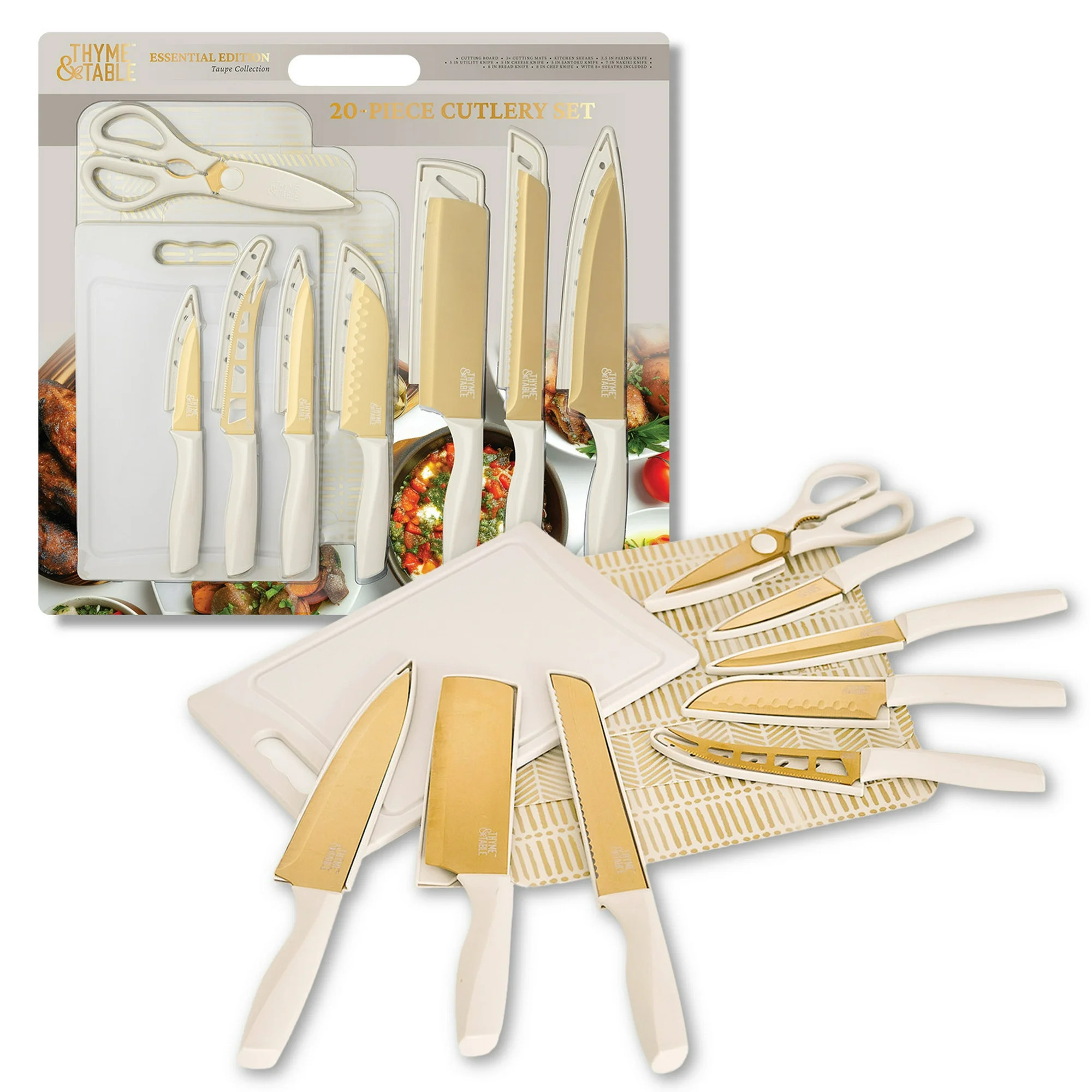 Thyme & Table 20 Piece Stainless Steel Gold Knife and Cutting Board Set, Taupe | Walmart (US)