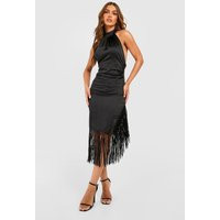 Womens Premium Satin Tassel Halter Midi Dress - Black - 12 | boohoo (US & Canada)