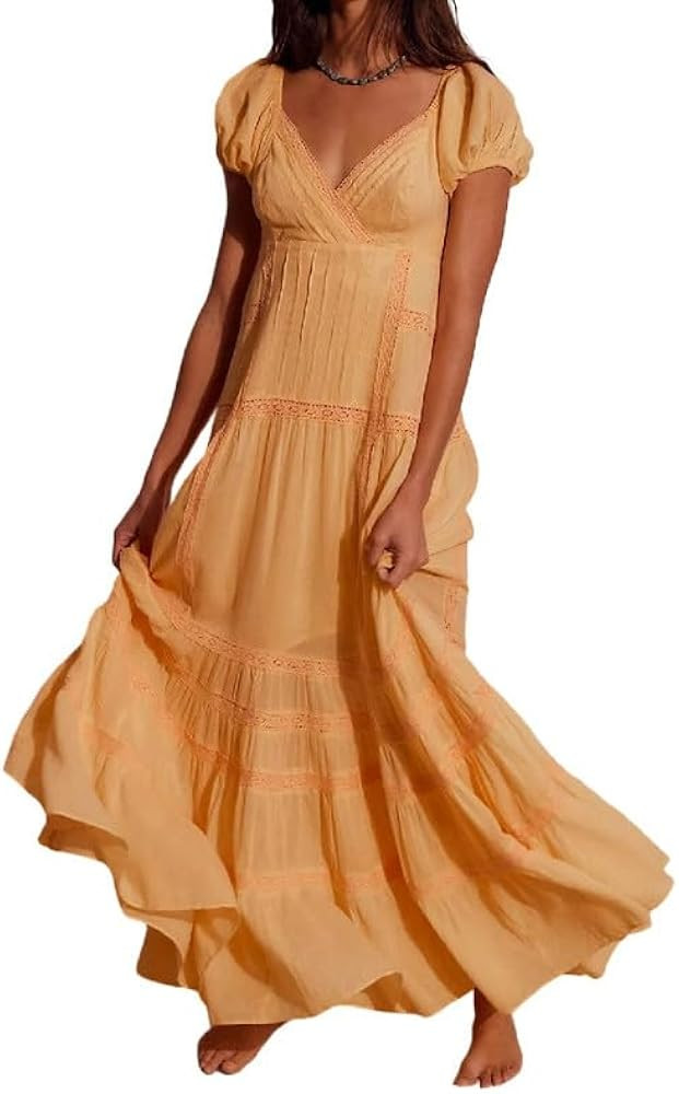 Woman Floral Puff Sleeve Maxi Dress Square Neck Ruffle Flowy Long Dresses Bohemian Tiered Summer ... | Amazon (US)