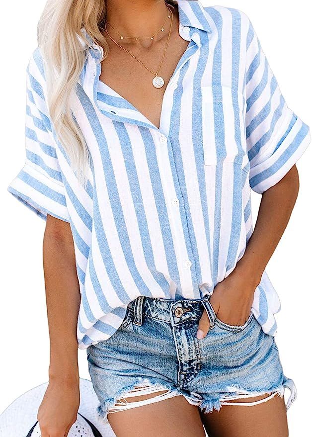 HOTAPEI Womens Summer Blouses Casual V Neck Stripe Short Sleeve Button Down Shirts Tops | Amazon (US)