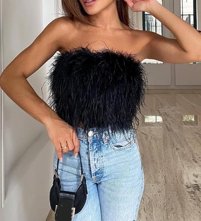 Sexy Zip Back Fuzzy Chain Cami Crop Top Strapless Faux Fur Tube Top Off Shoulder Feather Camisole... | Amazon (US)