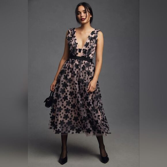 Anthropologie 3D Floral Tulle Midi Dress Size 4 NWT | Poshmark