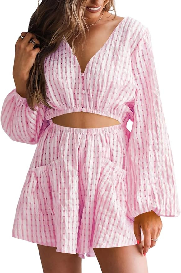 Tongmingyun Womens Summer Rompers Casual Long Sleeve V Neck Flowy Cutout Beach Short Jumpsuits wi... | Amazon (US)