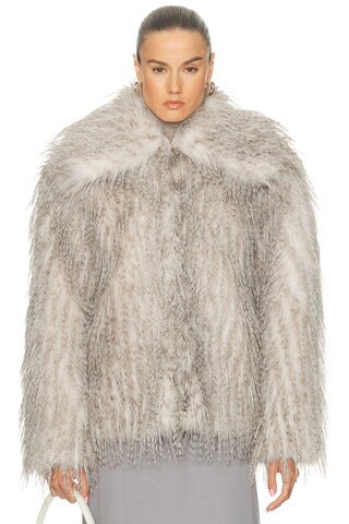 AKNVAS Dagmar Short Faux Fur Coat in White & Grey - Grey. Size L (also in M, S). | FWRD 
