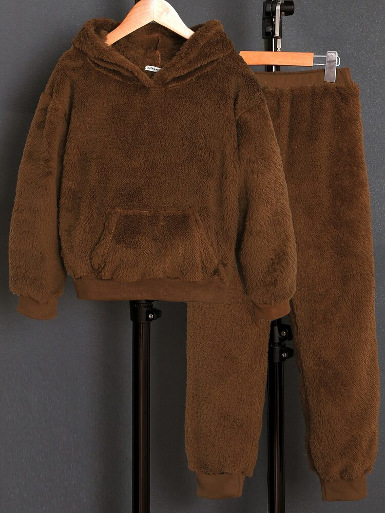 Boys Kangaroo Pocket Drop Shoulder Teddy Hoodie & Sweatpants | SHEIN
