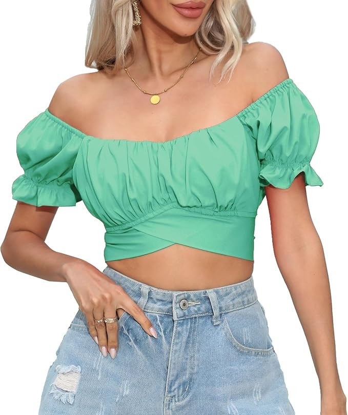 Women's Crop Tops Ruffle Short Sleeve Tie Back Summer Off Shoulder Top Blouse | Amazon (US)