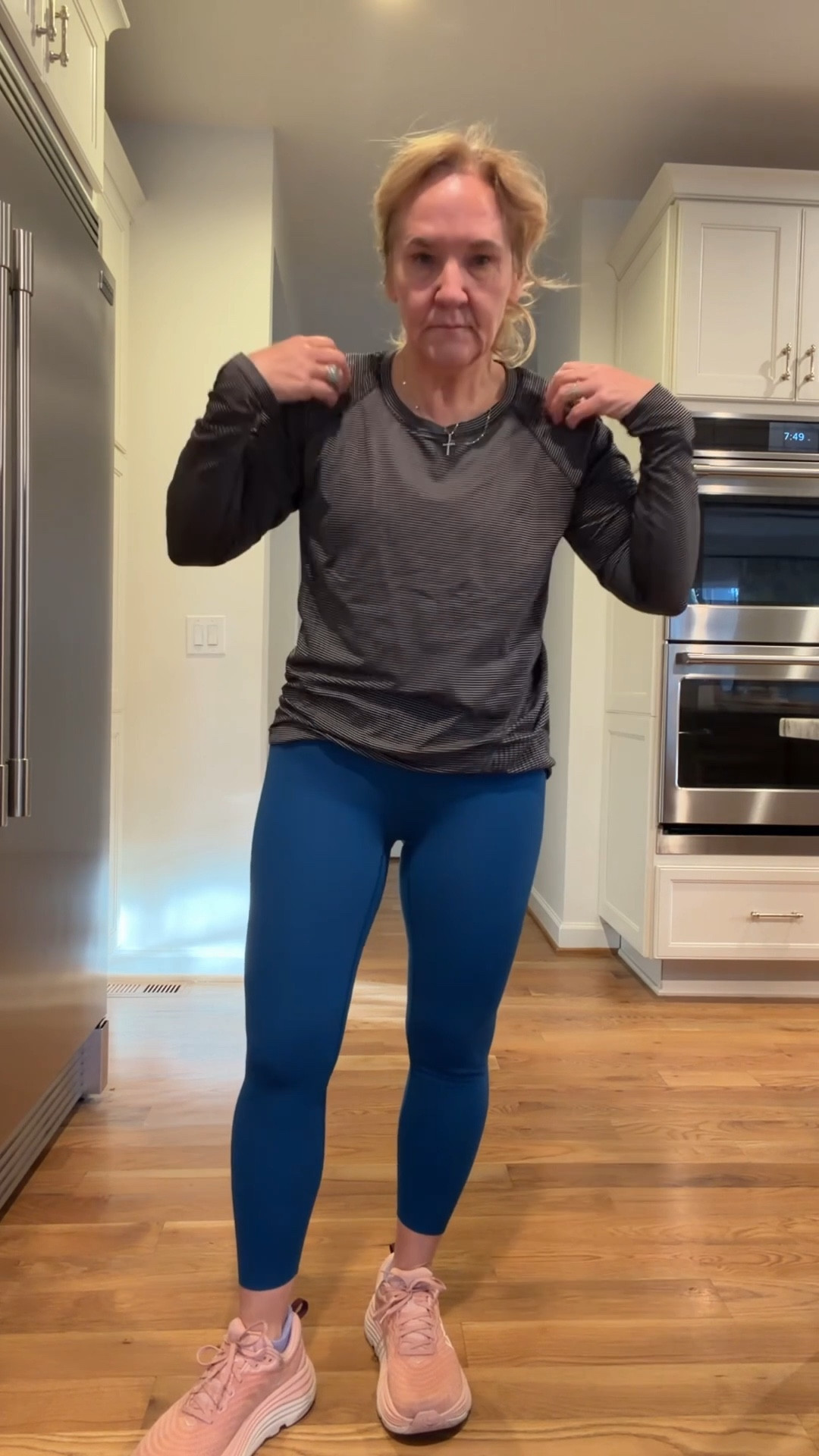 GRWM to go for a run 
Spanx pieces size medium 
Striped tee this is an XL 
found a few sizes in my blush Hokas 