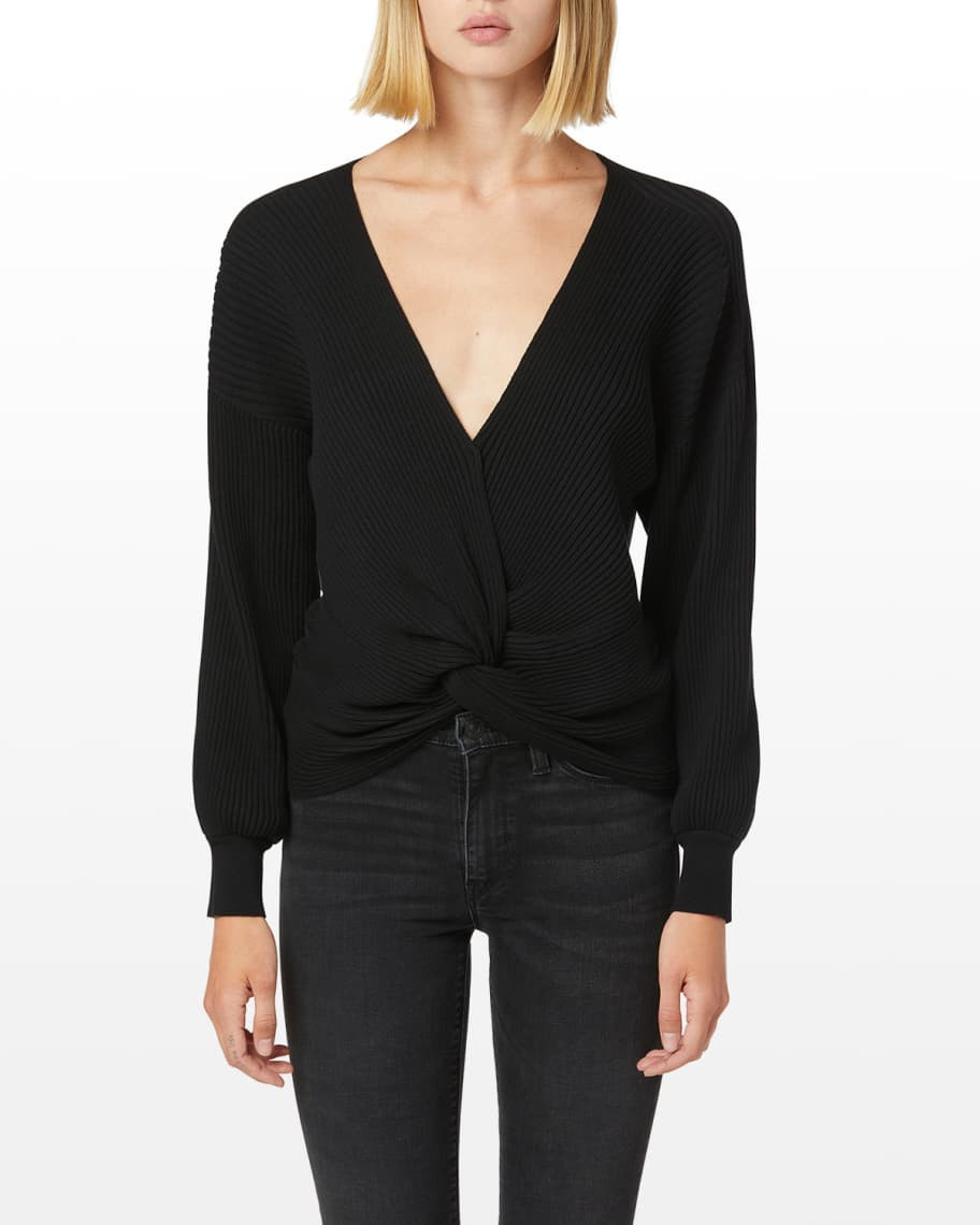Hudson Knotted V-Neck Ribbed Sweater | Neiman Marcus