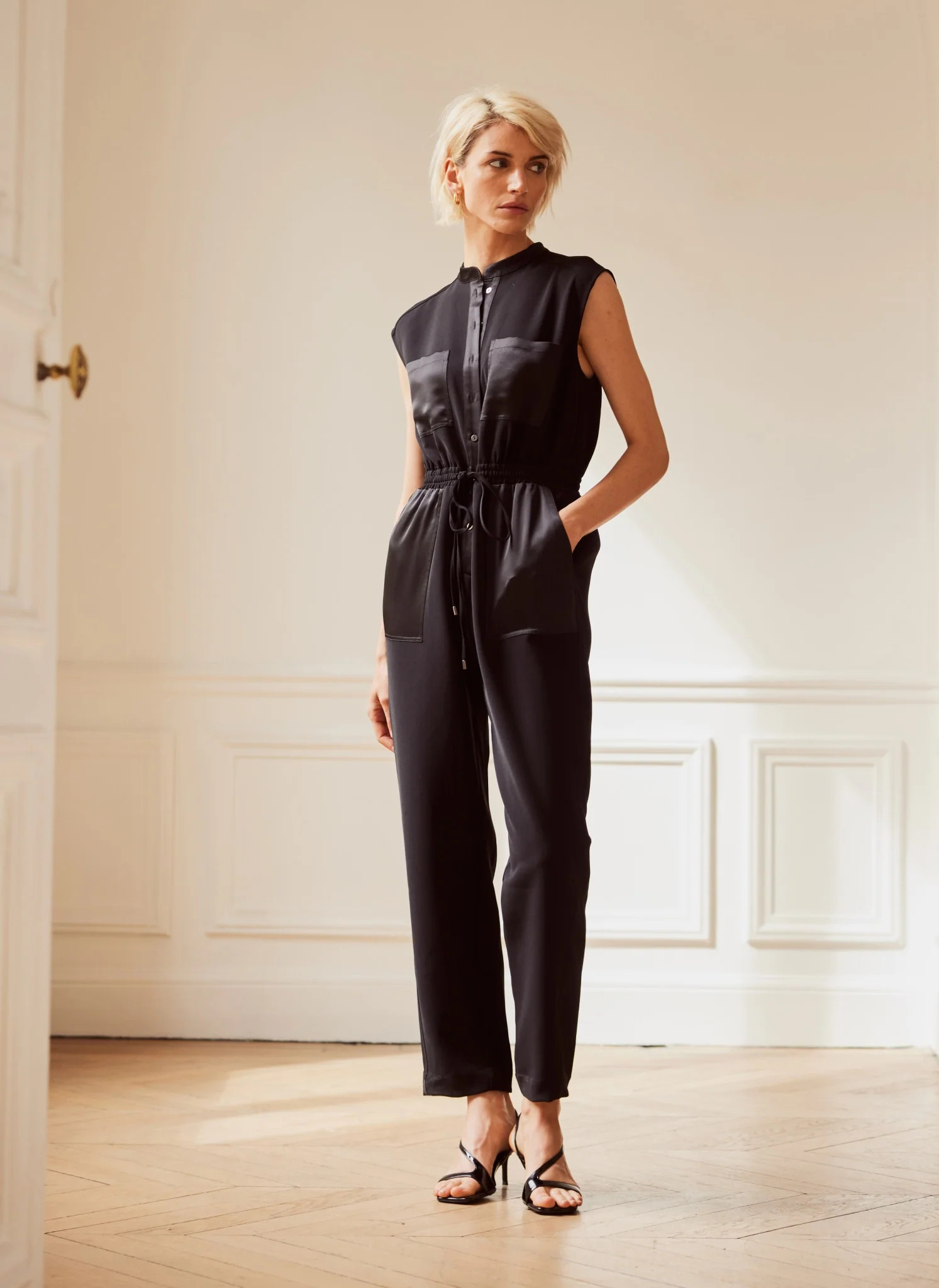 Black Sleeveless Utility Jumpsuit | Mint Velvet (US)