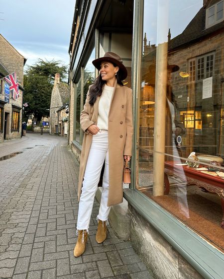 Kat Jamieson wears a Joseph camel coat (sold out) similar below! Denim, fall outfit, booties, Kemosabe hat, Cotswolds, England, Jenni Kayne sweater. 

#LTKHoliday #LTKSeasonal #LTKshoecrush