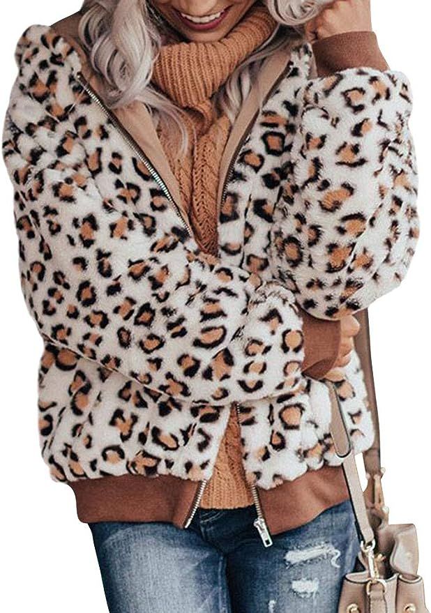 StarVnc Women Leopard Faux Fur Hooded Coat Fluffy Zip Up Jacket Winter | Amazon (US)