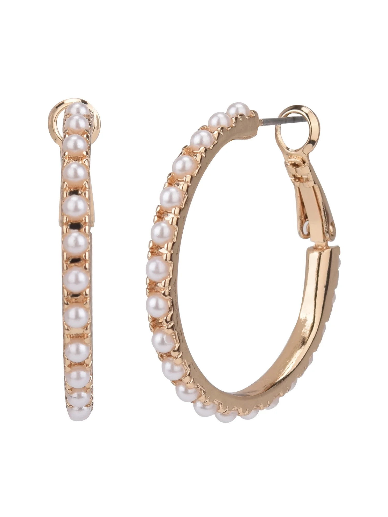 Time And Tru Women's Gold Faux Pearl Bead Hoop Earring | Walmart (US)