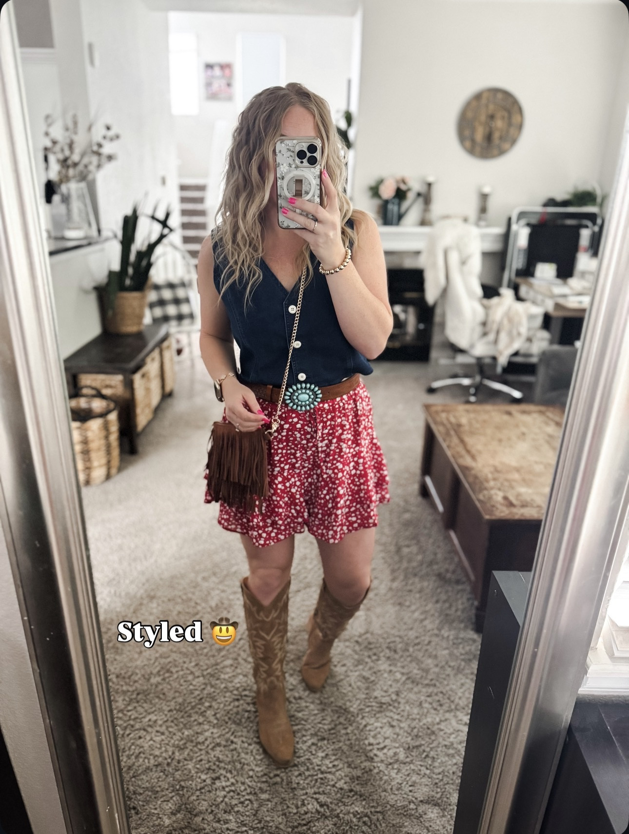 Country concert outfit — denim vest, western belt, red floral boho skort, fringe purse and cowboy boots







Nashville outfits, western outfit, festival outfit, western boots, western boho outfit, amazon outfits 2026, concert outfit ideas, summer outfit amazon, Amazon outfit ideas, summer concert outfit, summer festival, rodeo outfit

#LTKFestival #LTKSaleAlert #LTKPetite