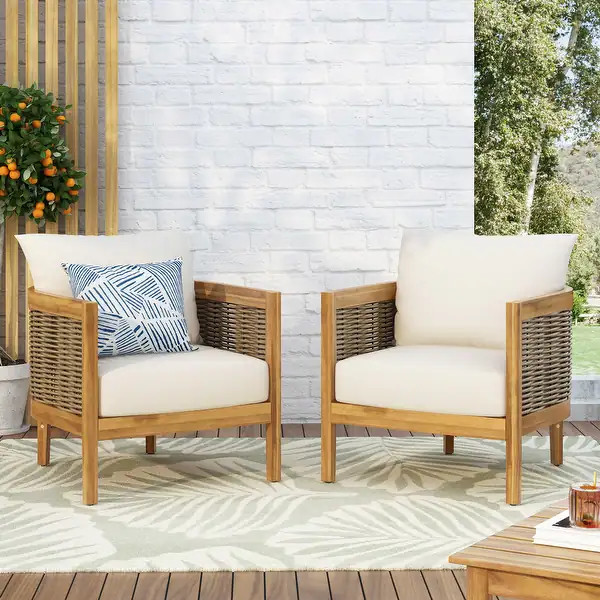 Burchett Outdoor Acacia Wood and Wicker Club Chairs (Set of 2) with Optional Sunbrella Cushions b... | Bed Bath & Beyond