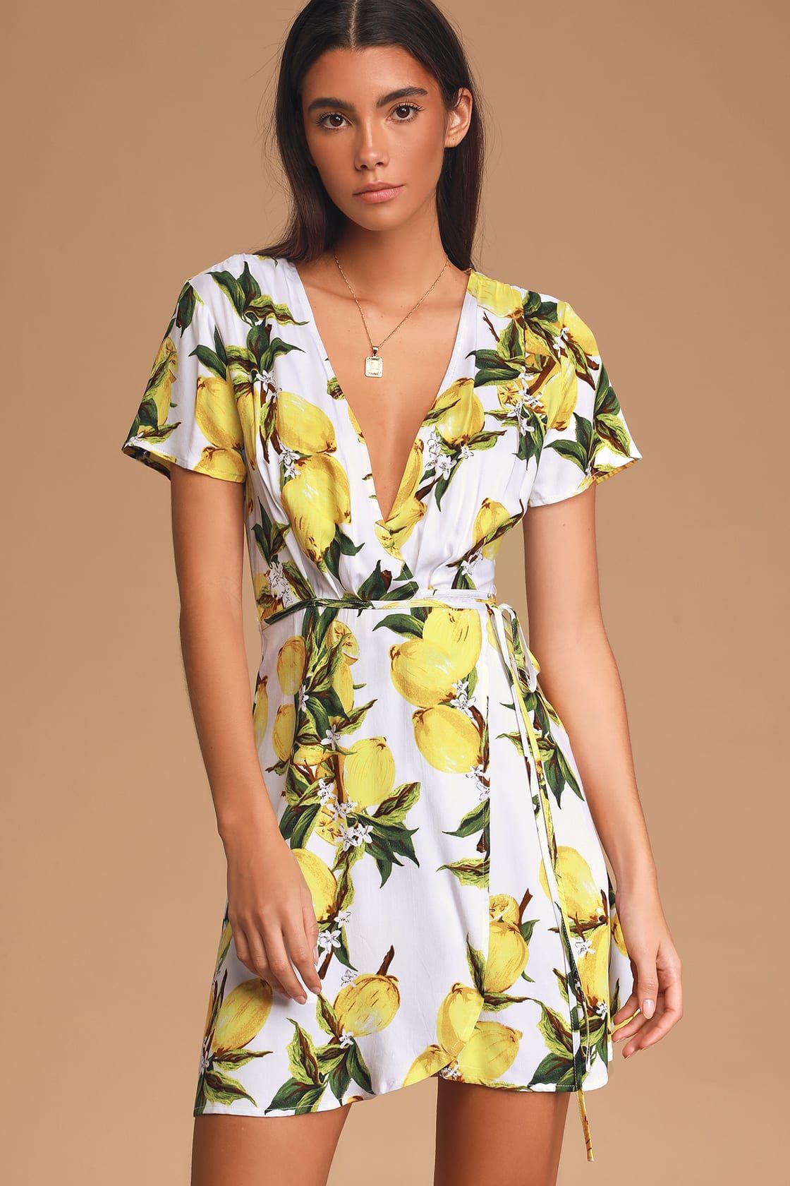 A La Tart White and Yellow Lemon Print Wrap Dress | Lulus (US)