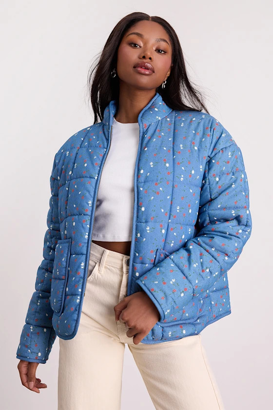 Bundled Perfection Bright Blue Floral Quilted Puffer Jacket | Lulus