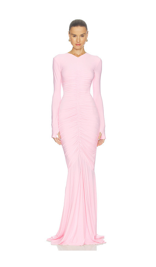 Norma Kamali Long Sleeve V Neck Shirred Front Fishtail Gown in Pink. Size L. Also in XS, XXS, S, M. | Revolve Clothing (Global)