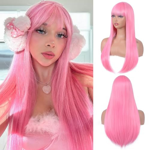 Aida ble Pink Wigs for Women Long Straight Pink Wig with Bangs Heat Resistant Synthetic Wig for Girls Daily Use Party Halloween Cosplay Wig 24inch | Amazon (US)