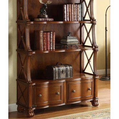 Traditional Rubber Wood 2-Drawer Open Bookcase with X-Shaped Accents | Wayfair North America