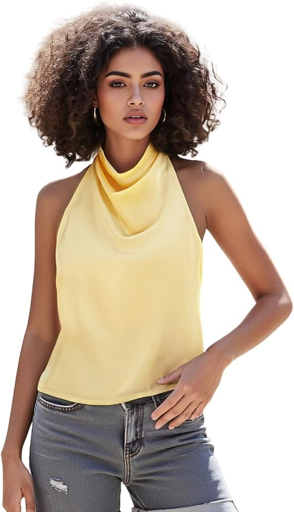 Women Backless Halter Tops Cute High Neck Satin Tank Tops Sexy Open Back Going Out Tops | Amazon (US)