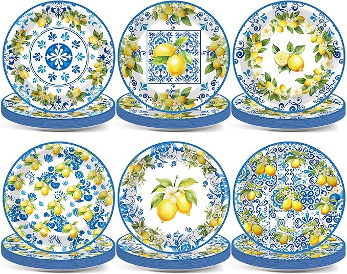 60PCS Lemon Party Paper Plates Lemon Theme Decorations Summer 7In Blue Tiles Yellow Fruit Dessert... | Amazon (US)