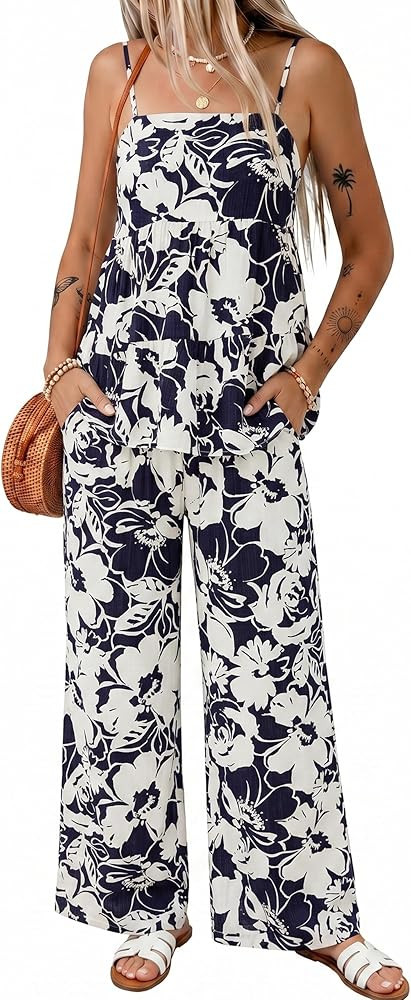 Glamaker Womens Summer 2 Piece Sets Floral Spaghetti Tank Top Wide Leg Pants Travel Beach Vacatio... | Amazon (US)