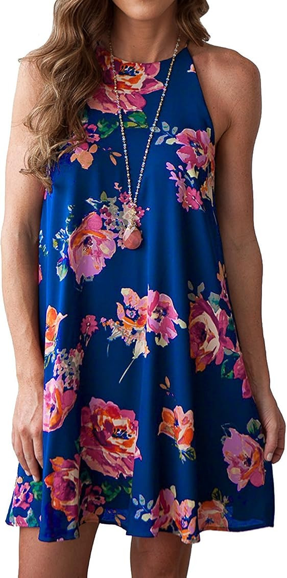MITILLY Women's Halter Neck Boho Floral Print Loose Casual Sleeveless Short Dress | Amazon (US)