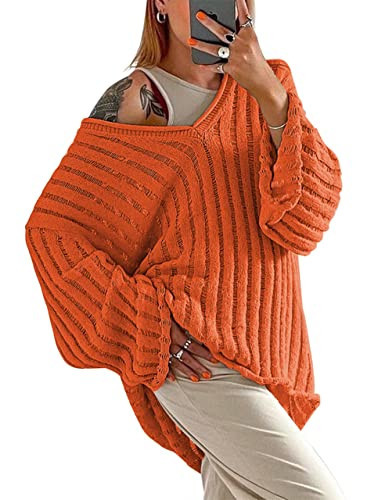 MISSACTIVER Women’s Oversized Long Sleeve Sweater Sexy V Neck Off Shoulder Knit Solid Drop Shoulder Shirt Pullover Sweaters(Large,Orange) | Amazon (US)