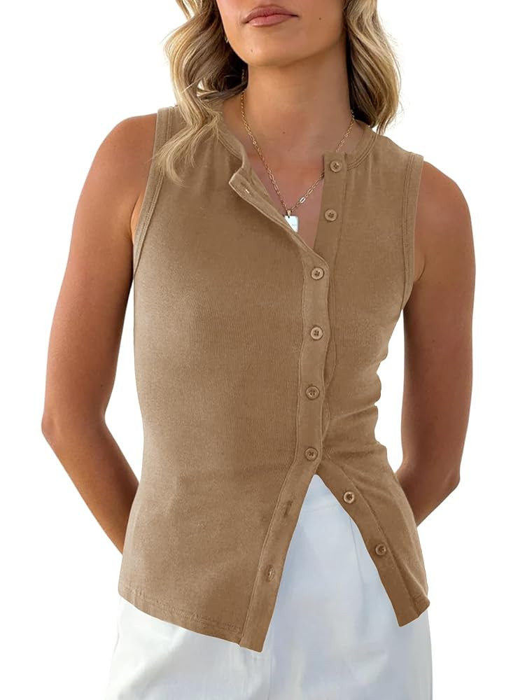 Cicy Bell Womens Button Down Tank Tops Summer Sleeveless Vest Tops Trendy Ribbed Fitted Going Out... | Amazon (US)