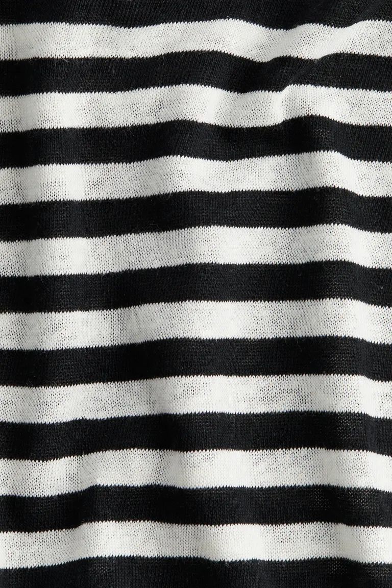 Linen-blend Midi Dress - Round Neck - Short sleeve - Black/white striped - Ladies | H&M US | H&M (US + CA)