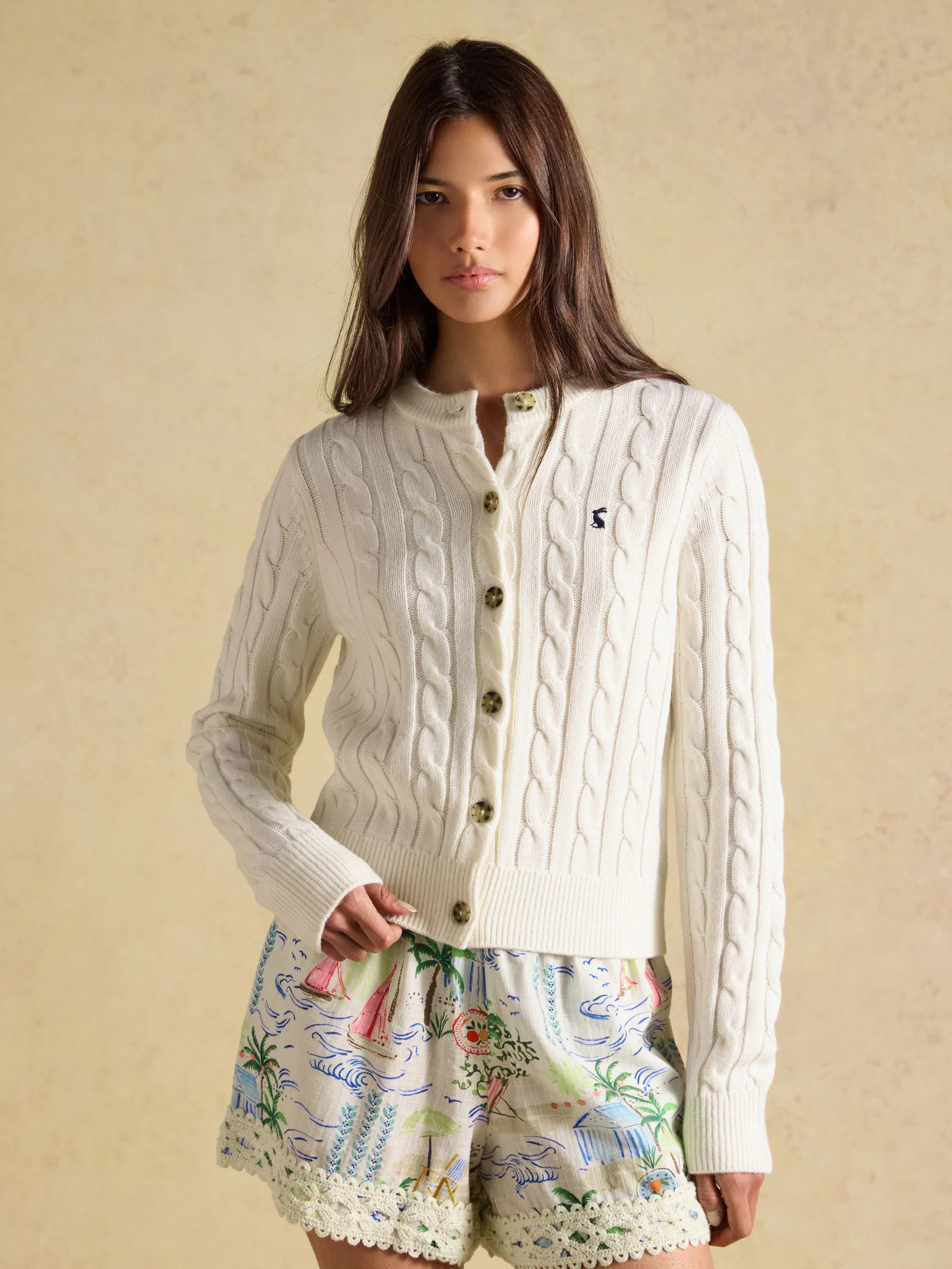 Joules Cream Cable Knit Button Up Cardigan | Joules