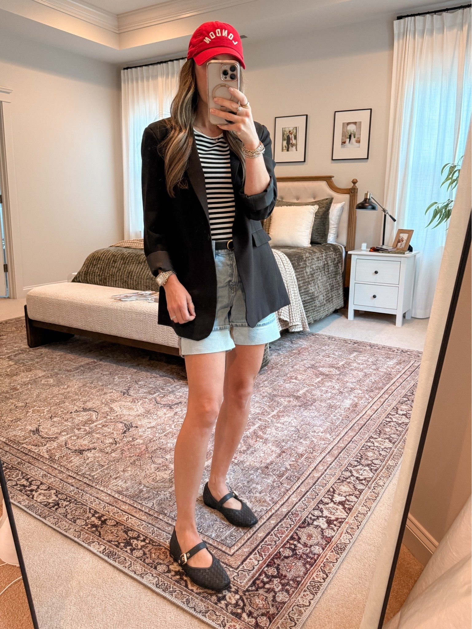 Elevated mom outfit with an Amazon blazer, striped tee, mom-approved denim shorts, and black Mary Janes. The blazer makes the shorts feel more polished, while the red hat adds a fun pop of color. Easy casual workwear, summer mom outfit, or weekend capsule outfit that still feels comfortable for real life.

#LTKootd #LTKmomlife #LTKSeasonal