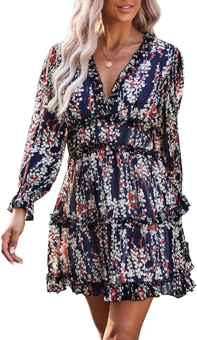 Dokotoo Womens Spring Summer Deep V Neck Ruffle Long Sleeve Floral Print Mini Dress | Amazon (US)