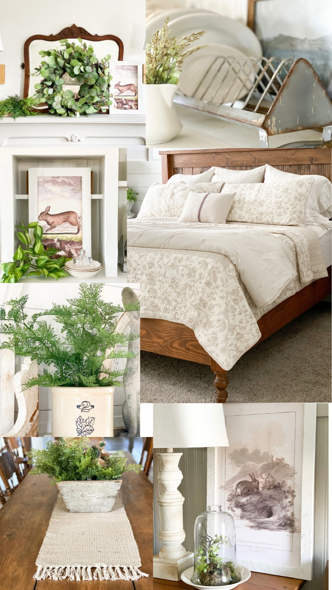 French Hare collection with Antique Farmhouse. Beautiful rabbit wall decor, potted fern, neutral bedding, plate rack, table runner.

#LTKSeasonal #LTKhome #LTKunder100