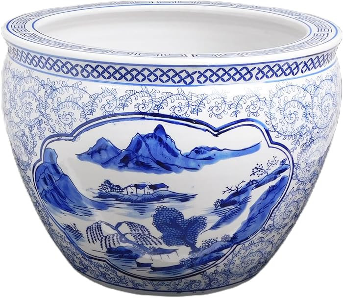 Oriental Furnishings Blue and White Porcelain Garden Pots Painted Landscape (12" W x 9" H/Inside ... | Amazon (US)