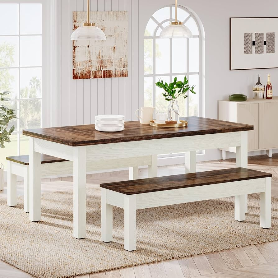 Tribesigns Farmhouse Kitchen Table Set for 4-6, 55-Inch Wooden Dining Table with 2 Benches, Space... | Amazon (US)