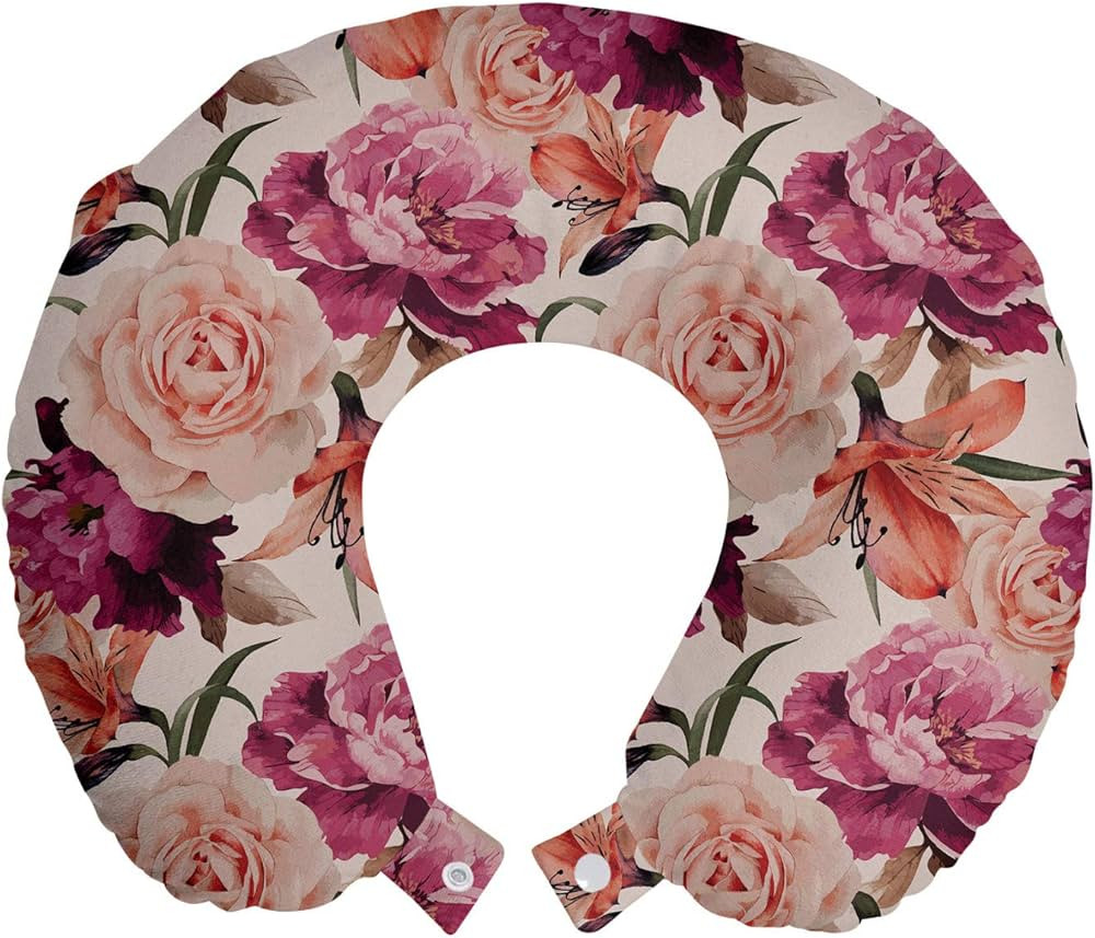Lunarable Flower Travel Pillow Neck Rest, Floral Pattern with Roses Classic Farmhouse Ornamental ... | Amazon (US)